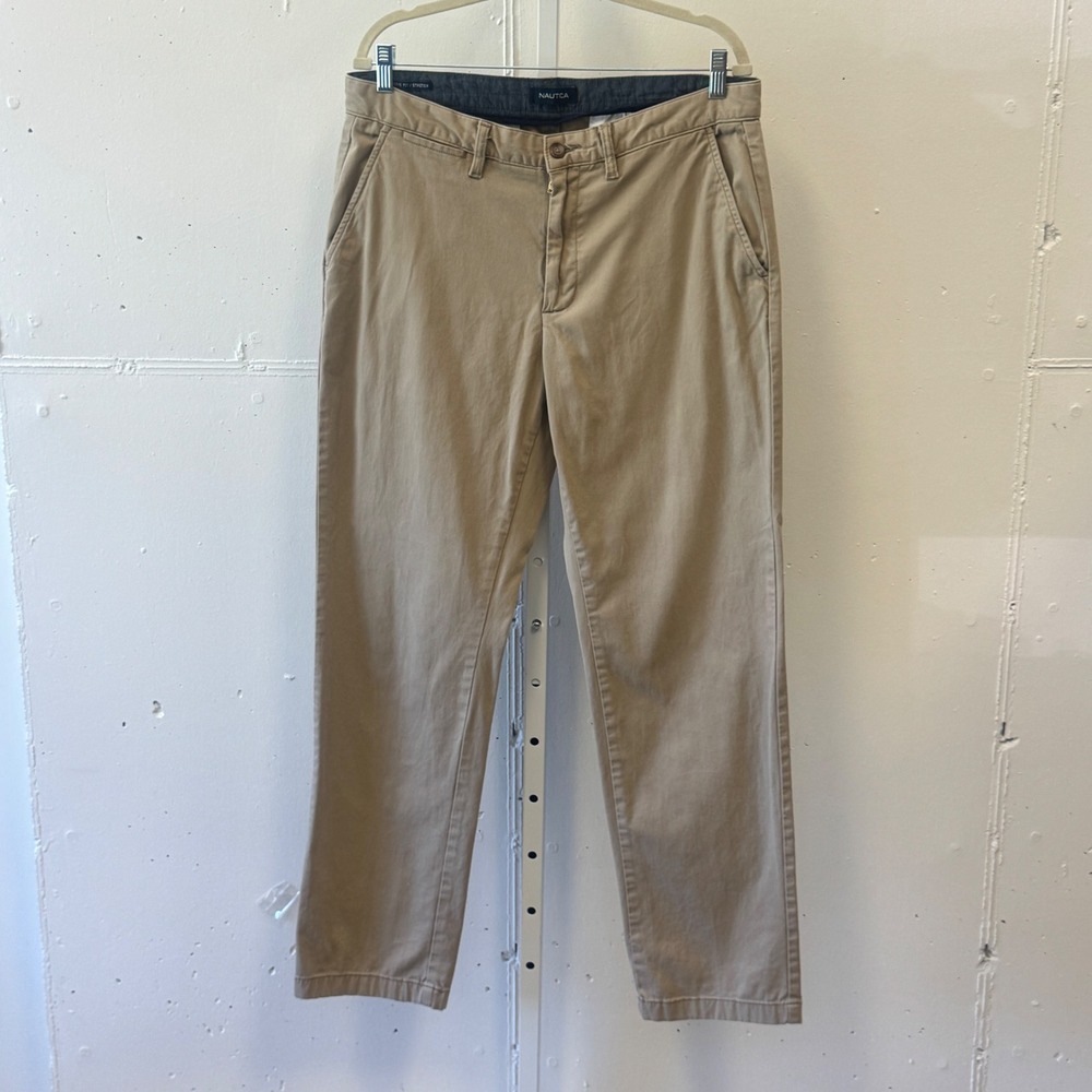 Nautica Men's Classic Fit Stretch Chino Pants Khaki Beige 34x32 Cotton Trousers